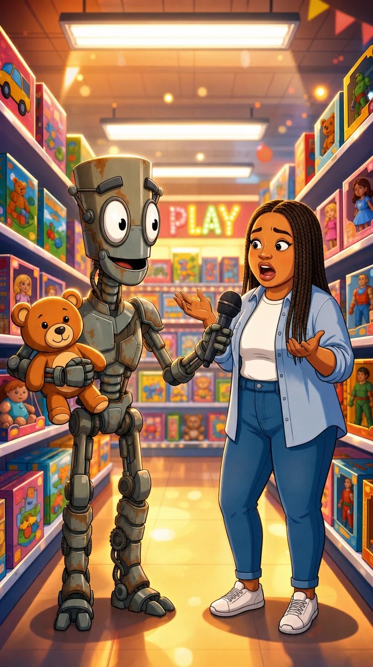 The keeper frame: Chank holding a teddy bear in a toy store interview