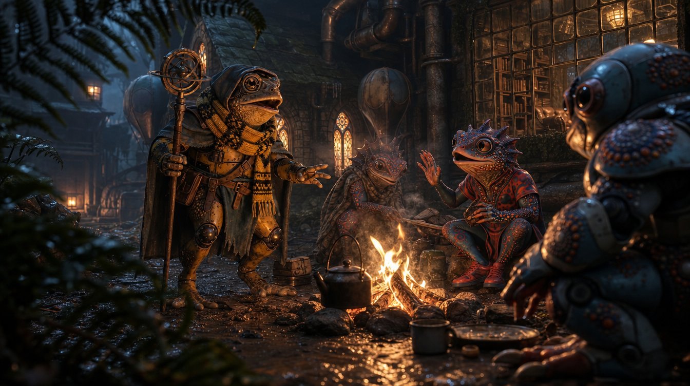 A campsite at night in Frogtechnium