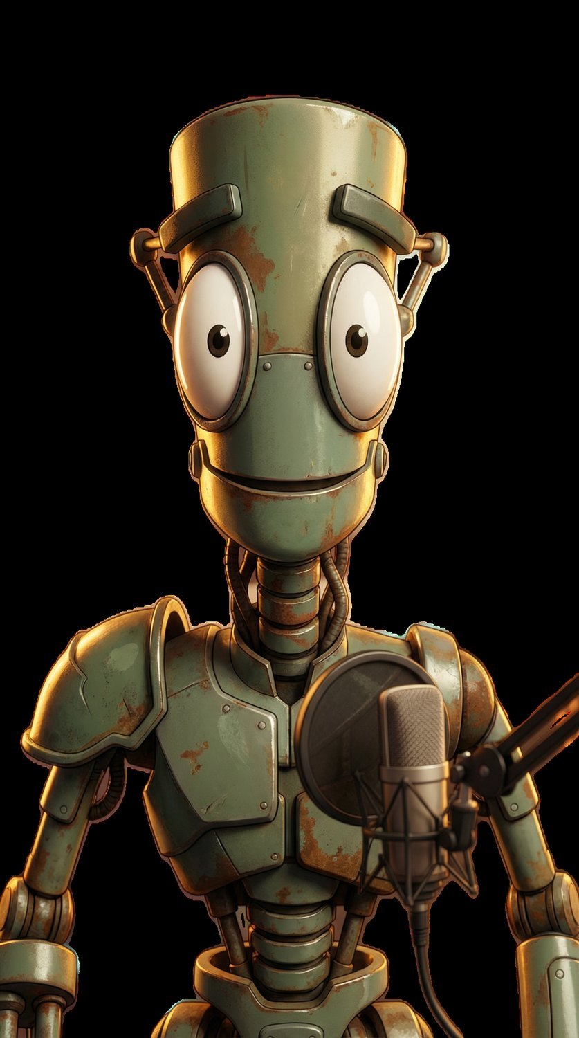 Chank Rivet, a rusted green robot, at a podcast microphone