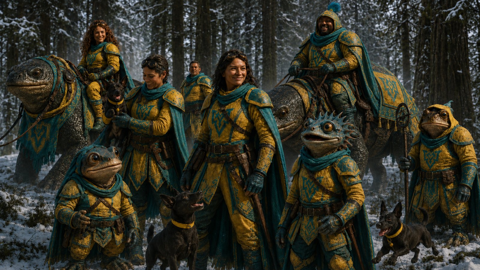 A snow forest group portrait of the mixed-species community