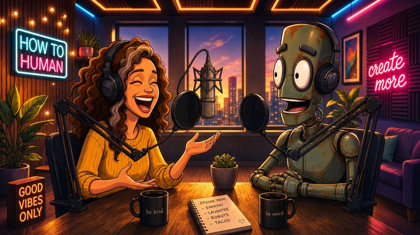Chank and a human co-host laughing at the microphones in the How to Human studio
